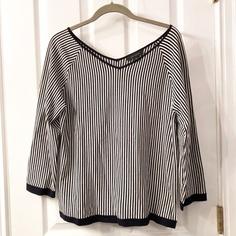 NWT Ann Taylor Double V Neck Black and White‎ Stripe Sweater XL
